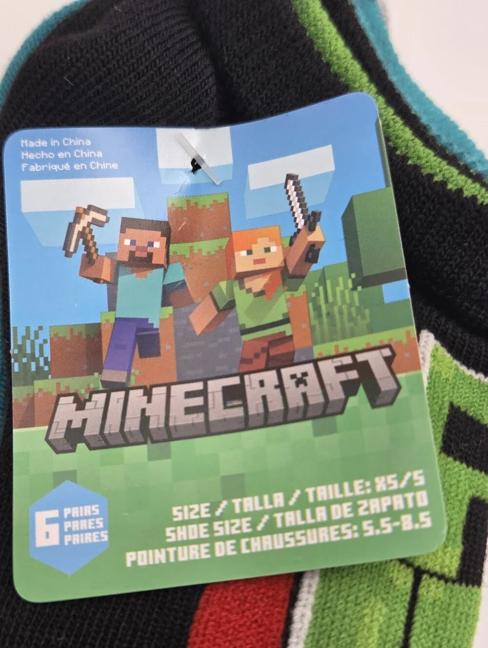 Kids Minecraft Black & Green No Show Socks XS/S (5.5-8.5) 6 Pairs Nwt